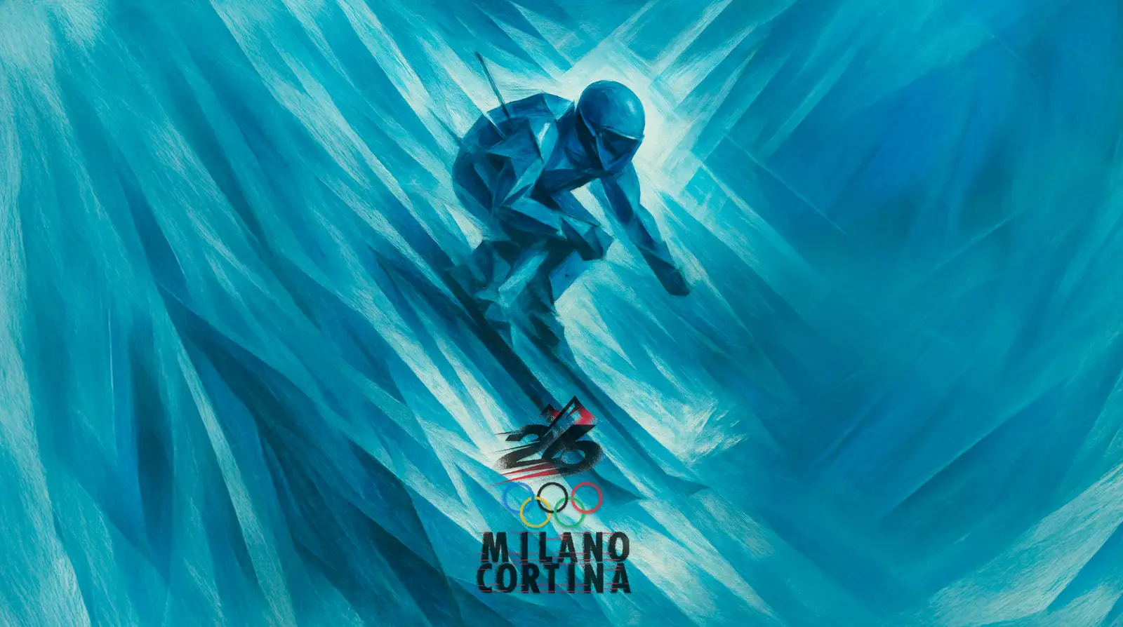 Key visual: a downhill skier dissolving into blue force lines above the Milano Cortina lockup.