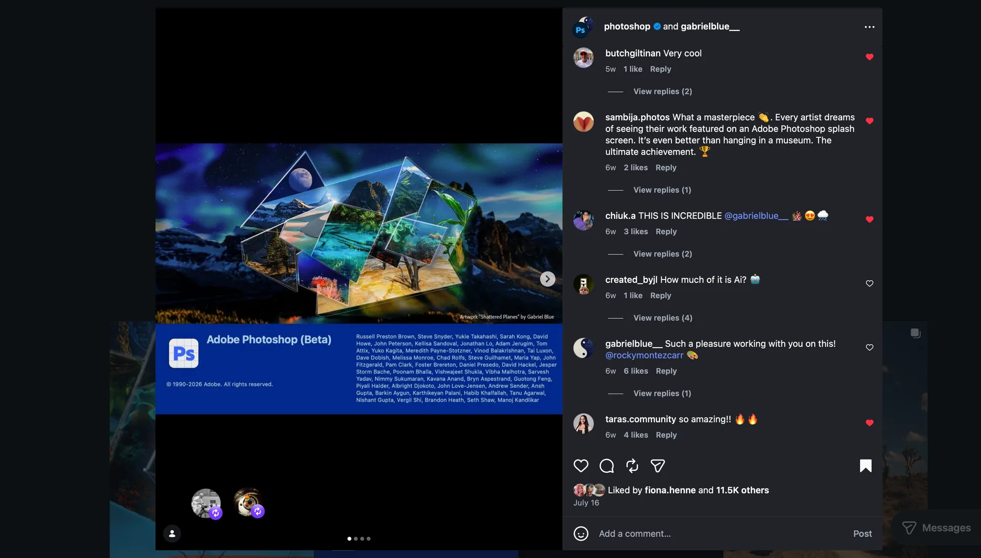 Responses to the artwork on Photoshop's Instagram.