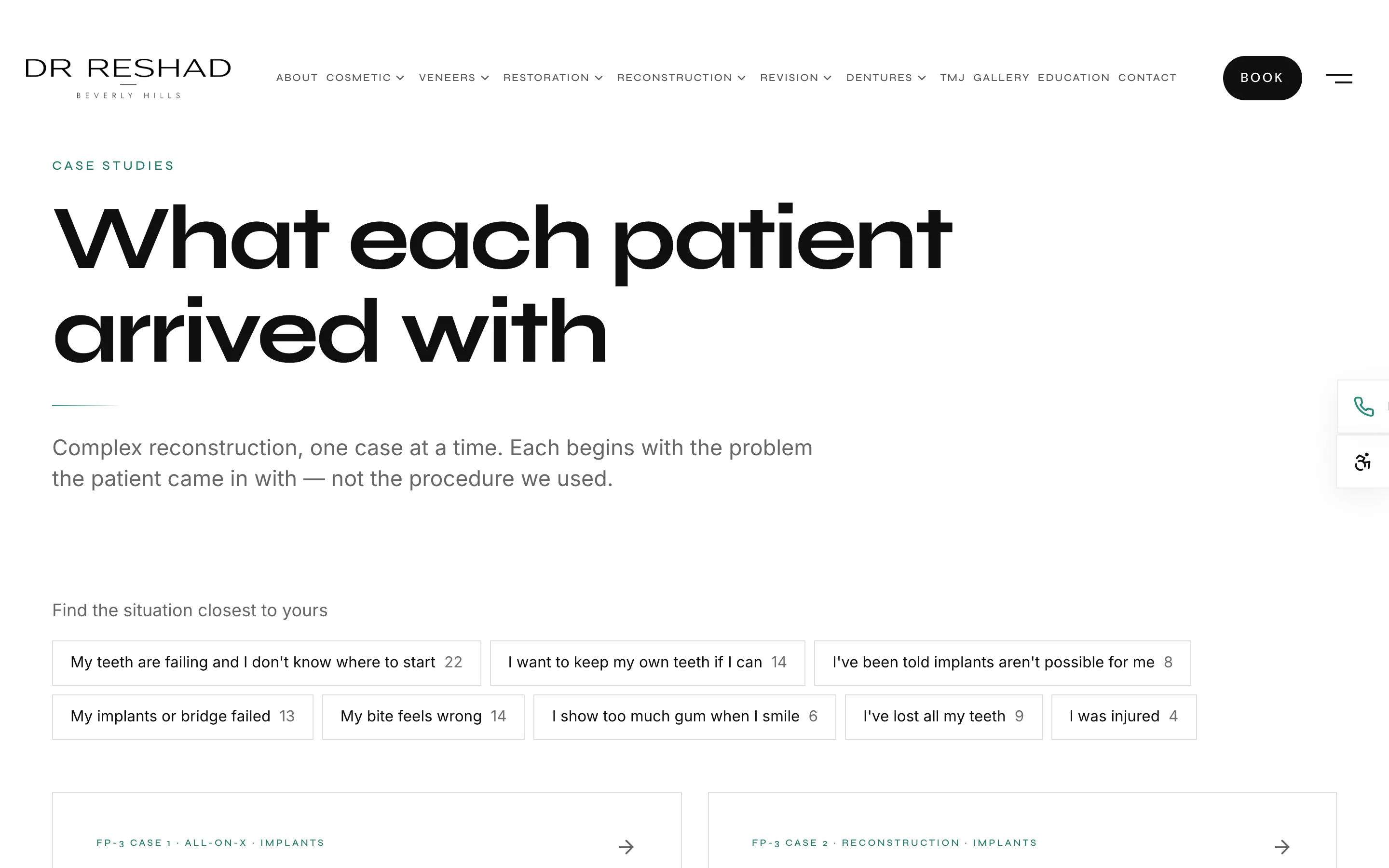 The cases page, headed What each patient arrived with, filtered by problem.