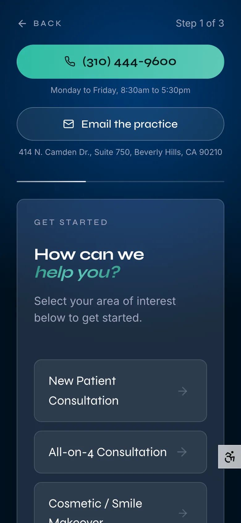 The contact page on a phone, with call and email buttons.